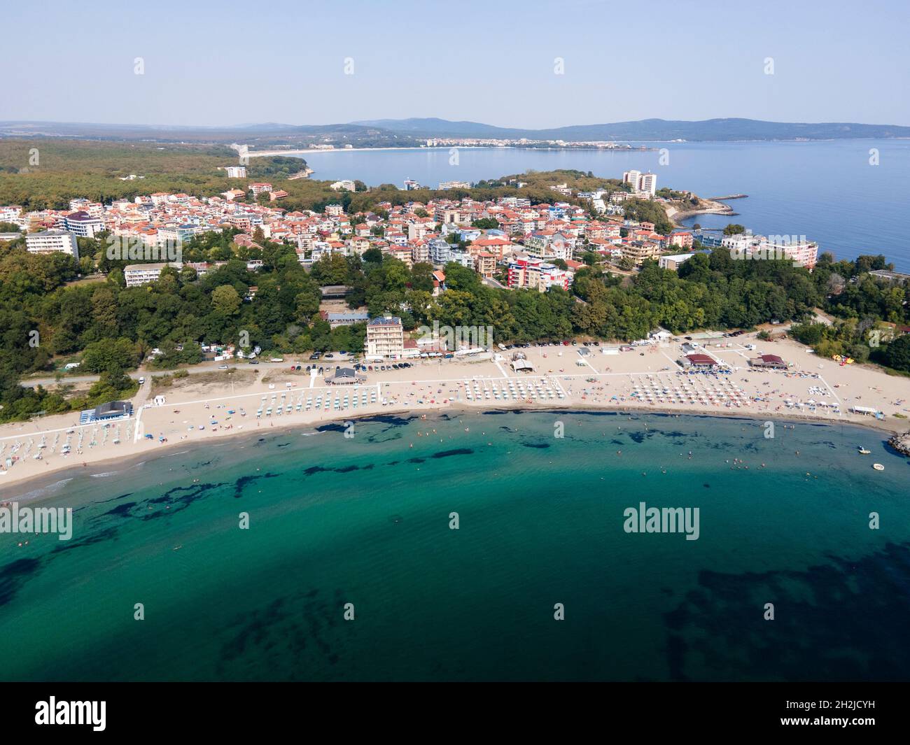 Amazing Aerial view of South Beach of town of Kiten, Burgas Region, Bulgaria Stock Photo