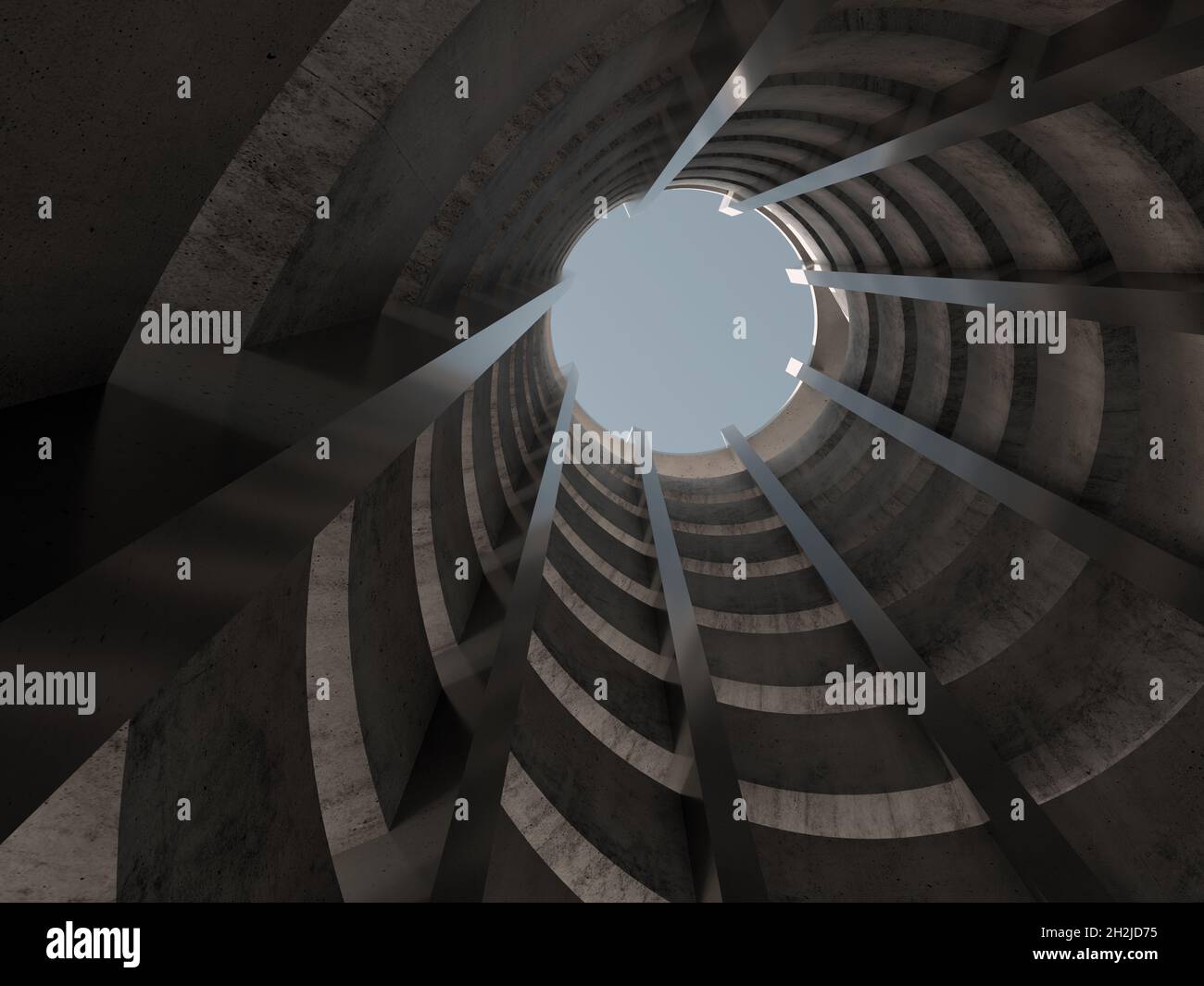 Dark abstract architecture background, spiral ramp interior. 3d ...