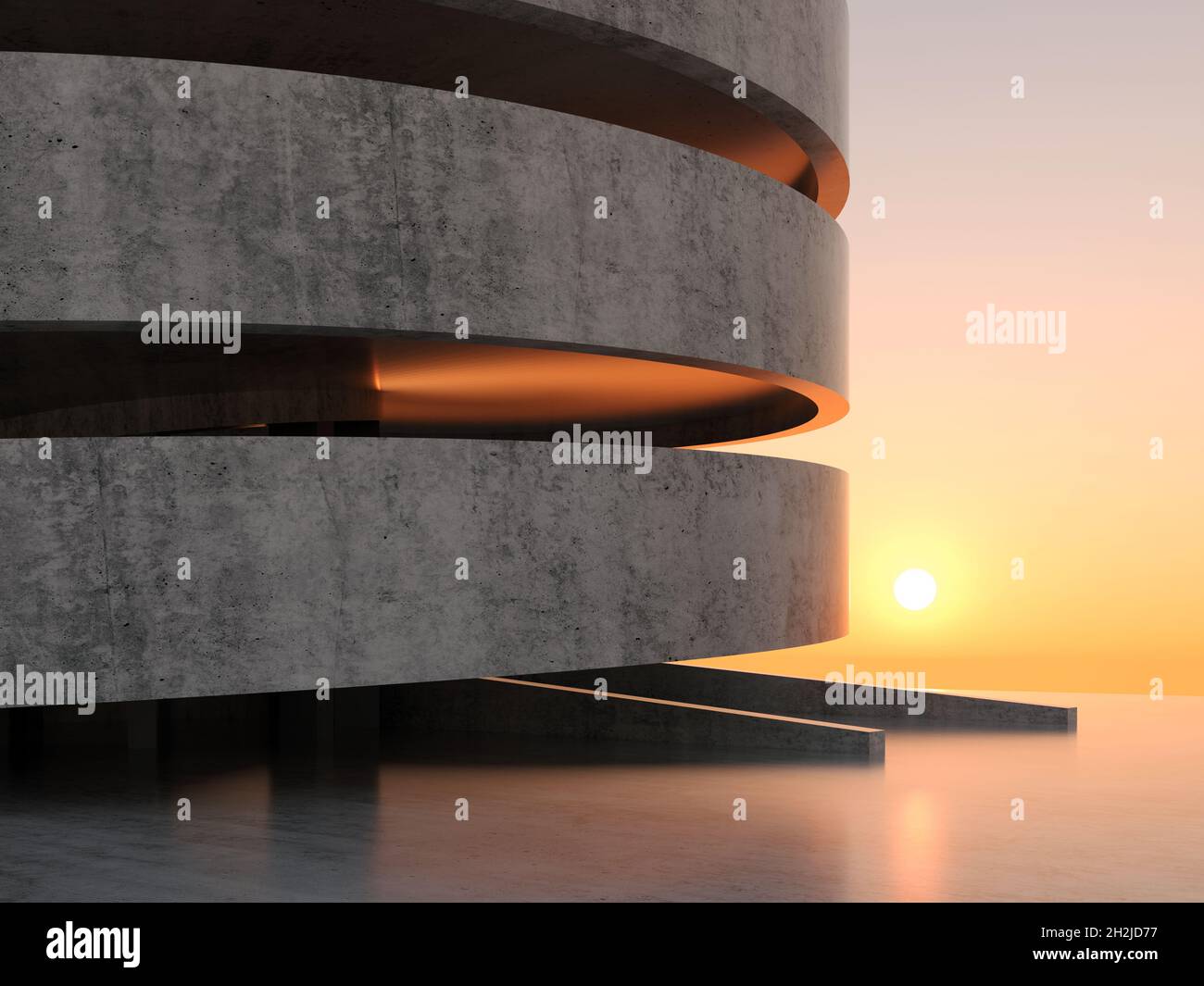 Parking lot building exterior, entrance to spiral ramp in the evening sunlight. 3d rendering illustration Stock Photo
