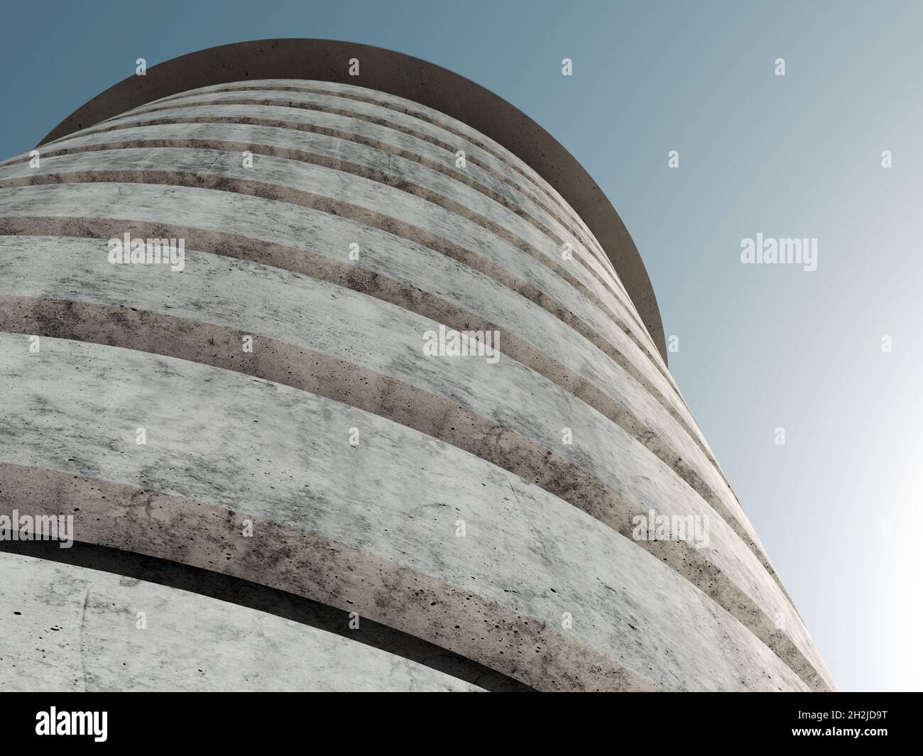 Concrete tower exterior under blue sky on a daytime, abstract architectural fragment of spiral ramp. 3d rendering illustration Stock Photo
