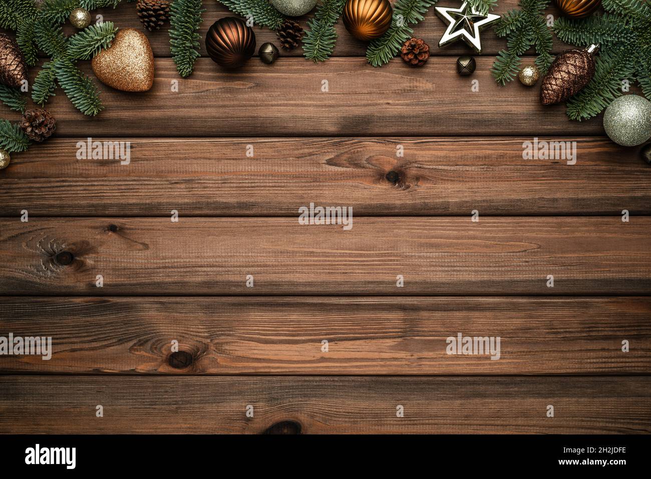 Holiday christmas decorations on vintage wooden background. Flat lay, top view and copy space for text Stock Photo