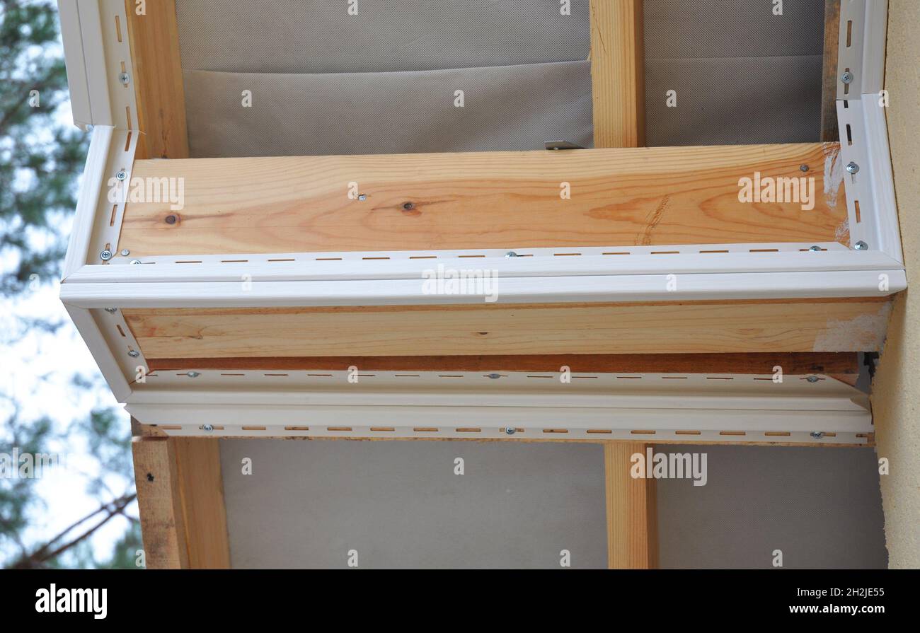 Closeup on Install or Roofing Repair Soffit Board and Fascia Board