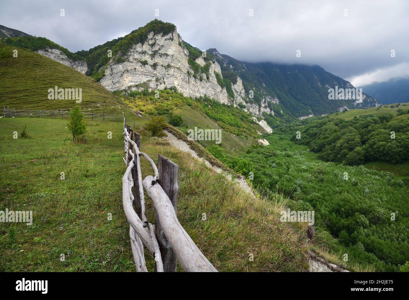 Caucasus alpine meadow in mountains in Chechnya, Russia. Vedeno district of the Chechen Republic Stock Photo