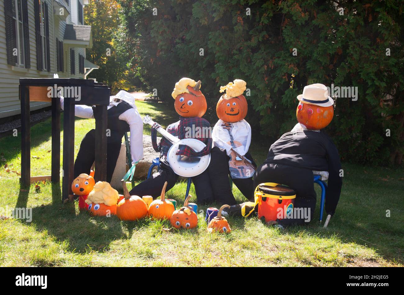 Outside fall decor (Pumkin People) at a church in Jackson, New Hampshire, USA Stock Photo