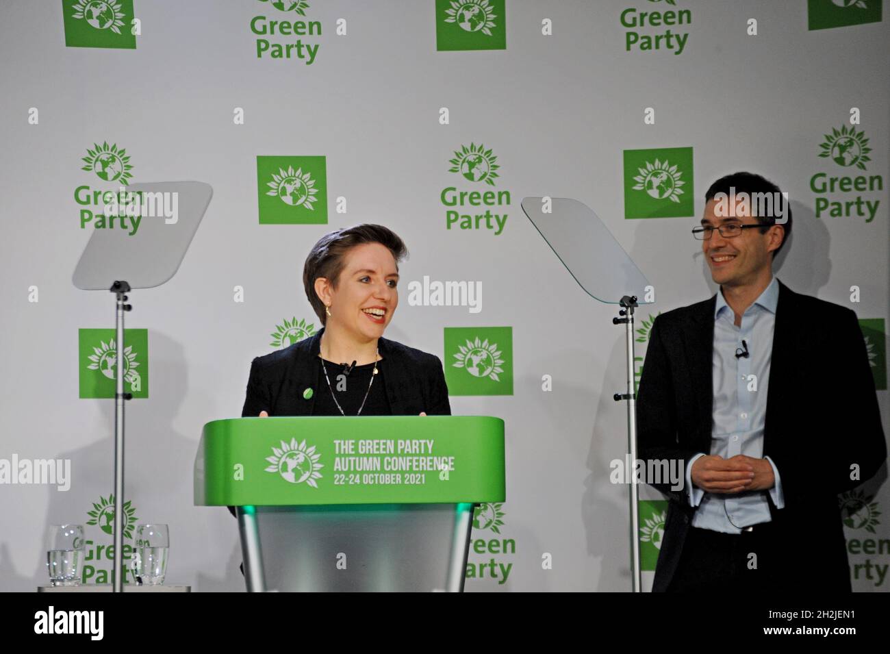 Birmingham, UK. 22nd Oct, 2021. Recently appointed leaders of the Green Party of England & Wales, Carla Denyer and Adrian Ramsay, opened the party's annual conference with a call to the Government to extend winter fuel payments to all households in Britain. They are asking the government to provide each household in England and Wales with an additional £320 to help them pay for spiralling energy costs and avoid fuel poverty.  Credit: G.P.Essex/Alamy Live News - Stock Image