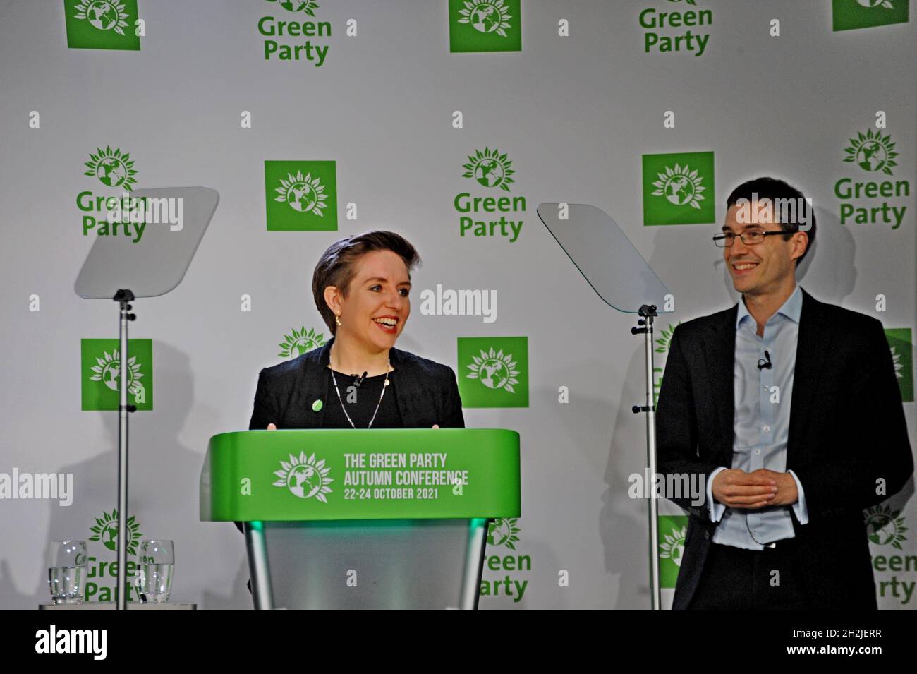 Birmingham, UK. 22nd October 2021. Recently appointed leaders of the Green Party of England & Wales, Carla Denyer and Adrian Ramsay, opened the party's annual conference with a call to the Government to extend winter fuel payments to all households in Britain. They are asking the government to provide each household in England and Wales with an additional £320 to help them pay for spiralling energy costs and avoid fuel poverty. G.P.Essex/Alamy Live News - Stock Image