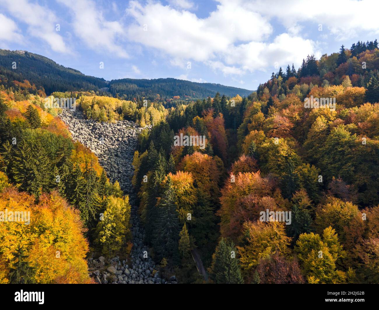 Aerial autumn view of Stone river know as Zlatnite Mostove (Golden ...