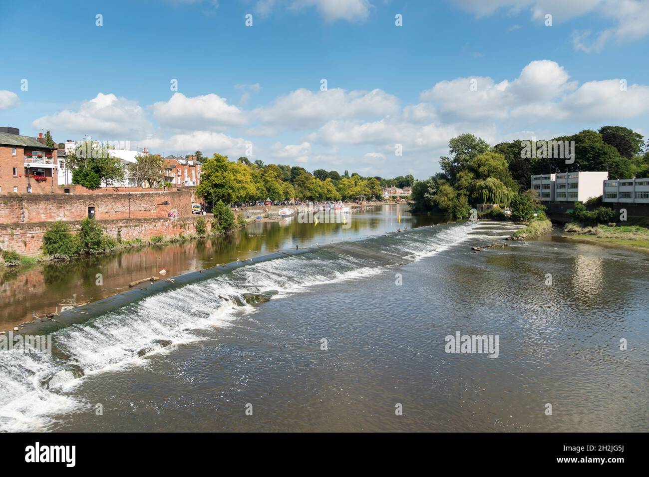 River Dee and weir looking upstream from Old Dee Bridge Chester 2021 Stock Photo