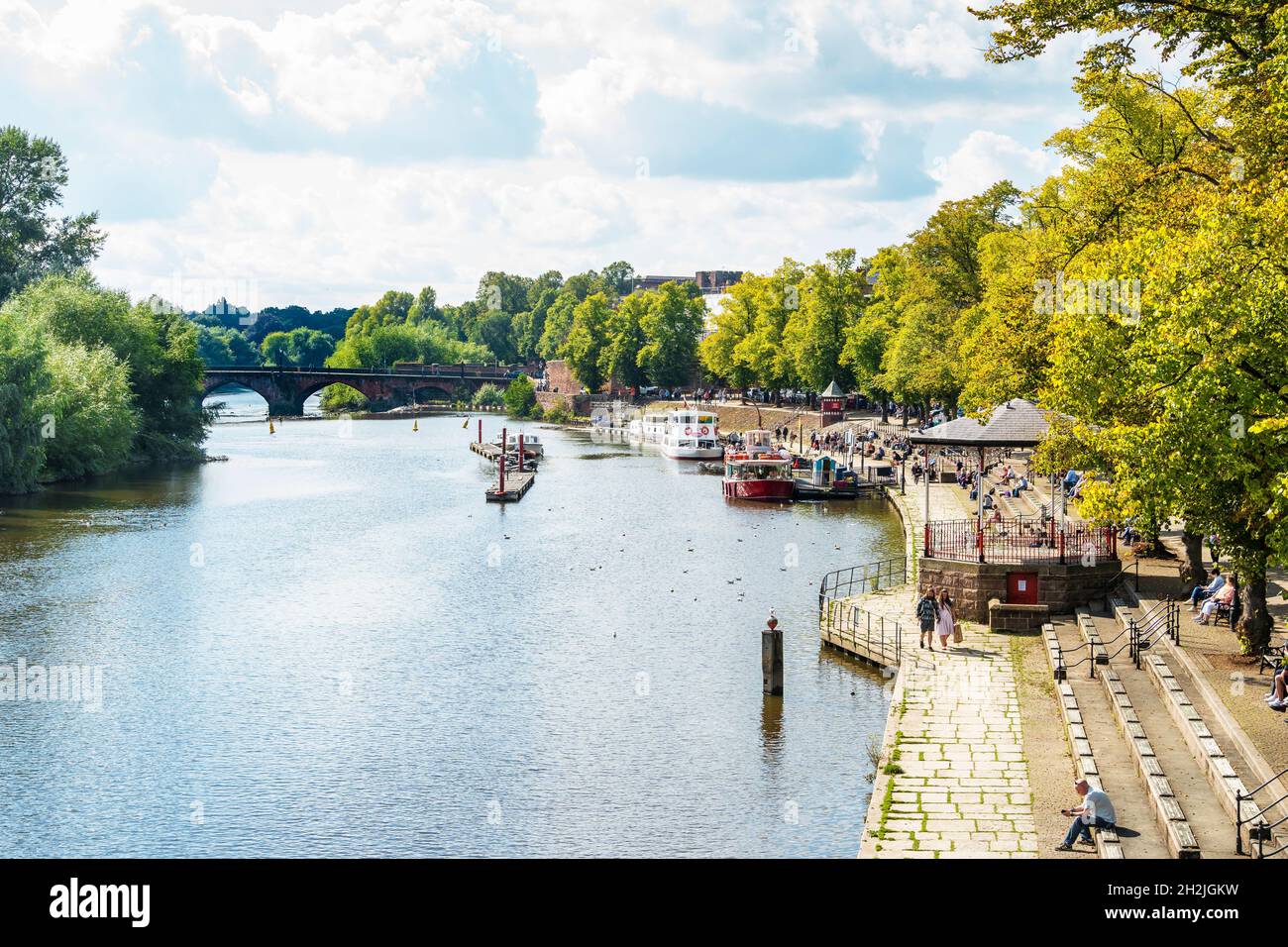 View downstream river Dee from suspension bridge over river, Chester 2021 Stock Photo