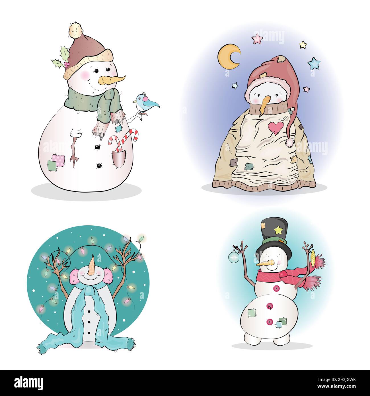 Funny snowman Christmas character set isolated on white background illustration Stock Photo