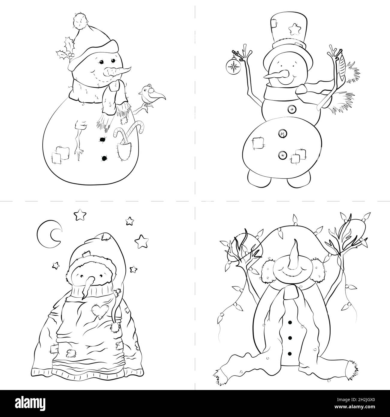 Illustration of funny snowman Christmas character set coloring book page Stock Photo