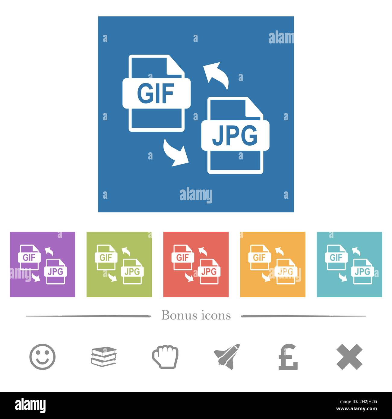 GIF JPG file conversion flat white icons in square backgrounds. 6 bonus ...