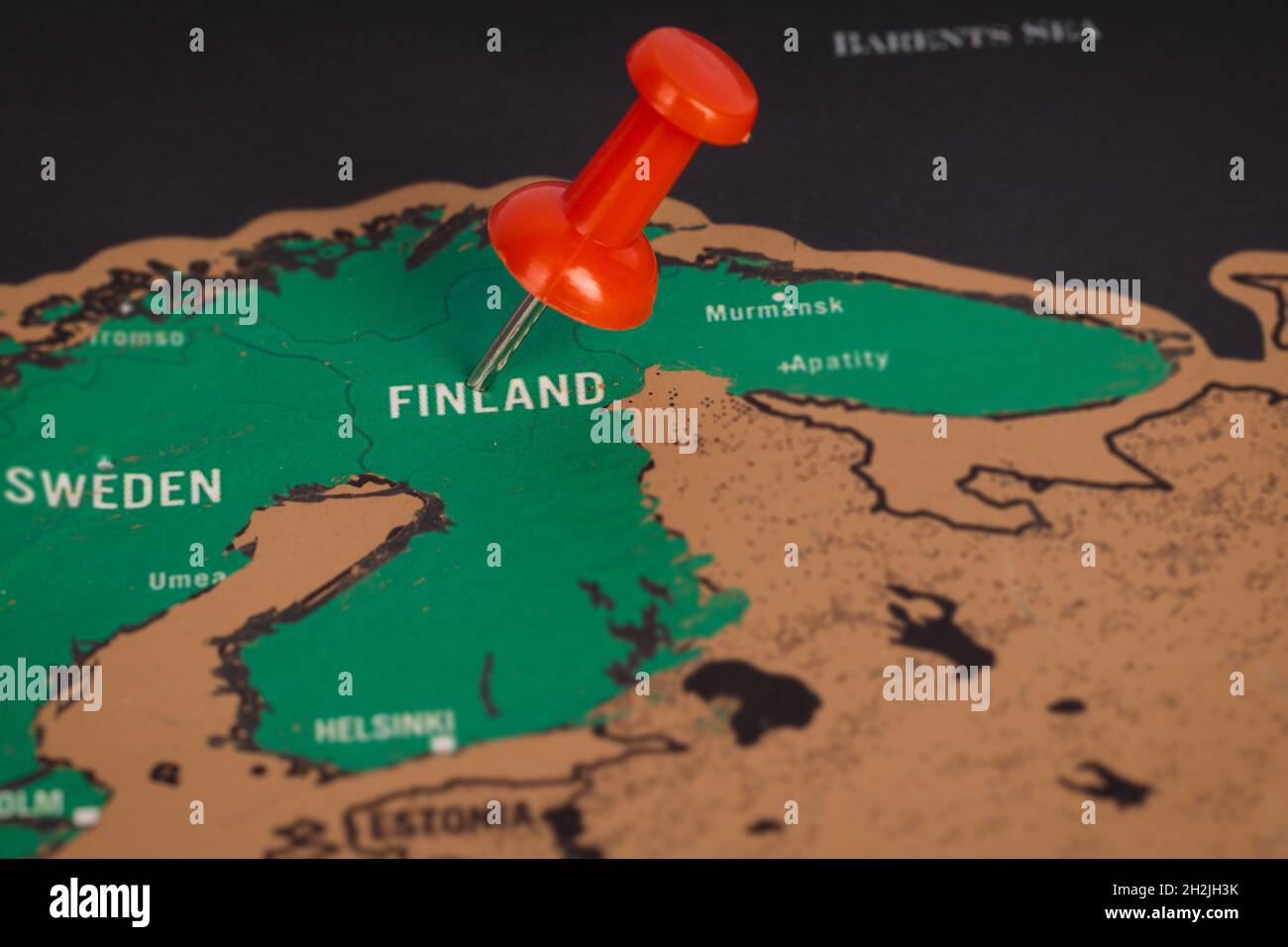Finland on the map of the world. Red pin in map scandinavia. Stock Photo