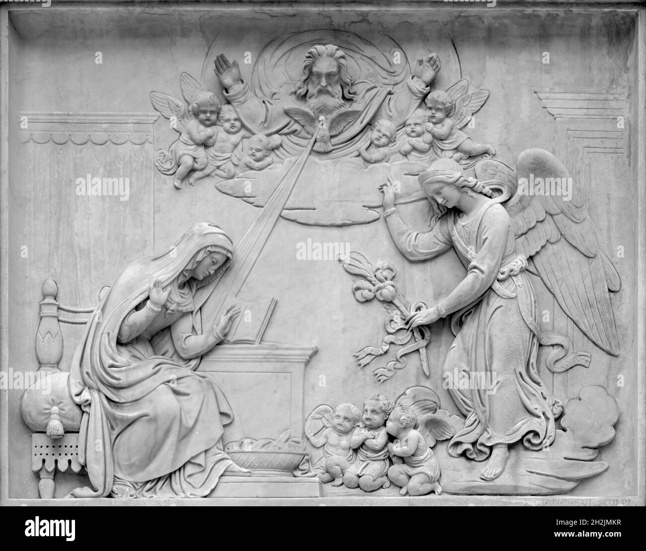 Rome - The relief of Annunciation on the The Immaculate Conception column on the Piazza Espana square designed by Luigi Poletti and inaugurated. Stock Photo