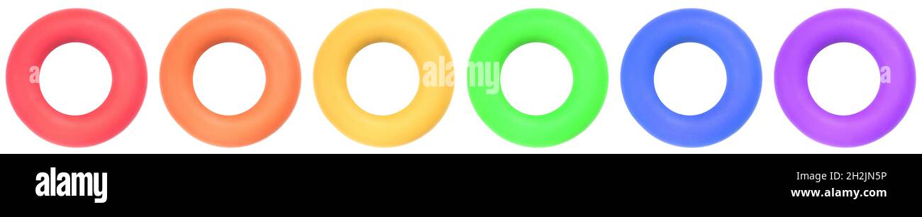 Round rubber bands for the hand in red, orange, yellow, green, blue, purple colors on white background. LGBT colors Stock Photo