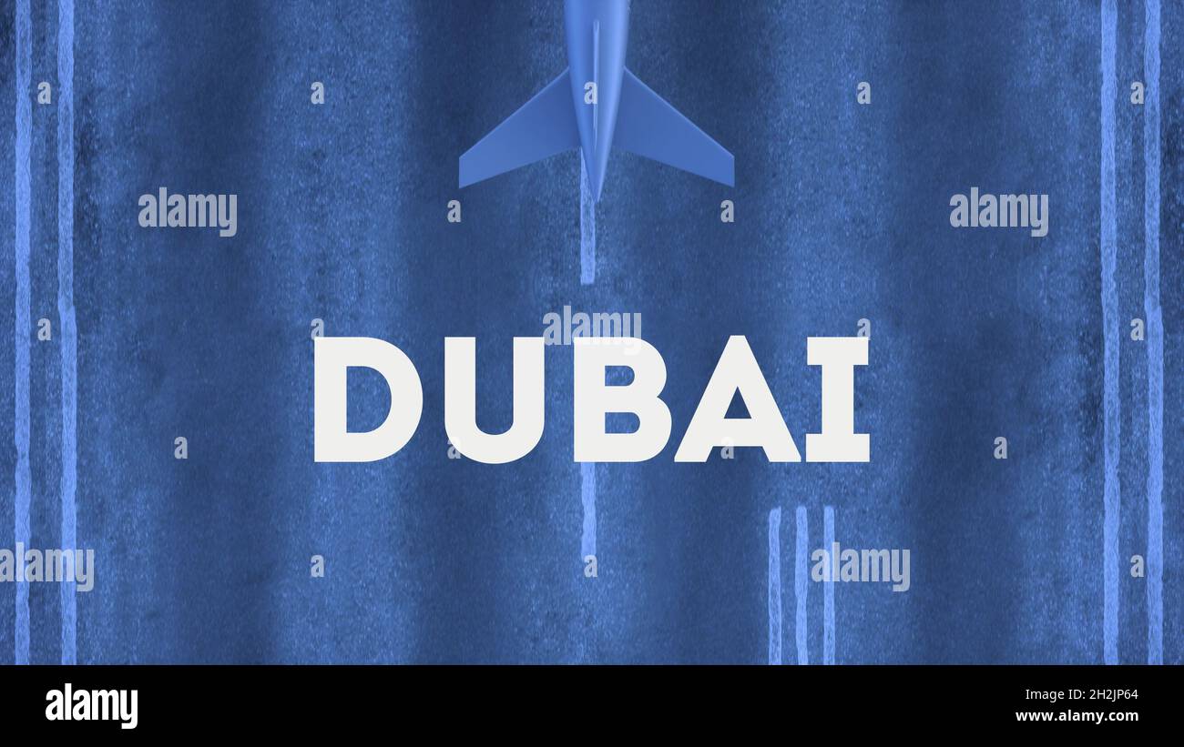 Commercial airplane landing at the airport of Dubai. Aerial view of a landing airplane on the airfield. Dubai travel concept. 3d rendering Stock Photo