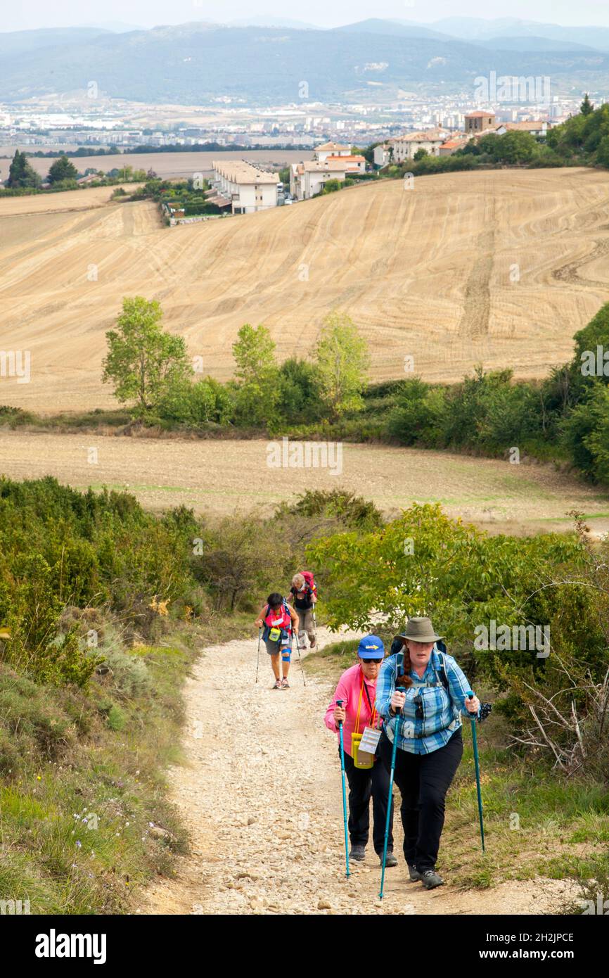 Pilgrims on pilgrimage route walking the Camino de Santiago the way of St James heading up to the ALTO DEL PERDÓN above Pamplona Navarra Spain Stock Photo
