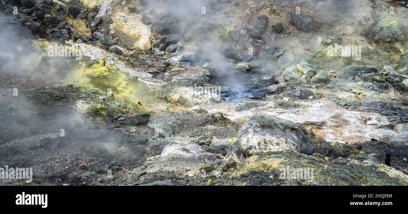 Volcanic activity, sulfur fumarole and hot gas on Iturup Island, Southern Kuril islands, Russia. Stock Photo