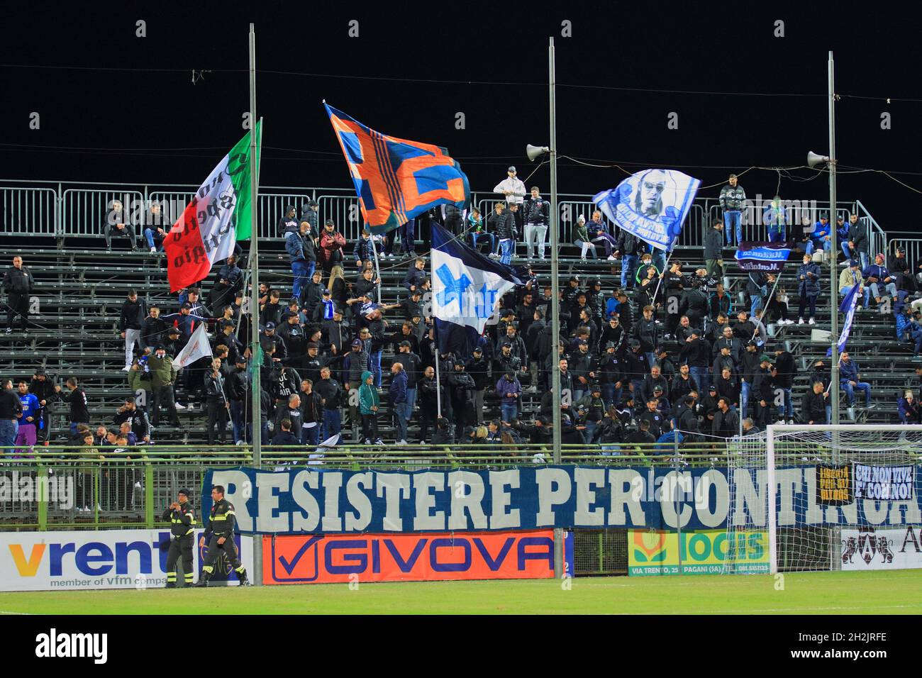 Paganese fans celebrate the team with flags and scarves during the Italian Football Championship Serie C Girone C Lega Pro, tenth day of the first round Paganese vs Potenza. Paganese wins 2 - 0. (Photo by Pasquale Senatore/Pacific Press/Sipa USA) Stock Photo