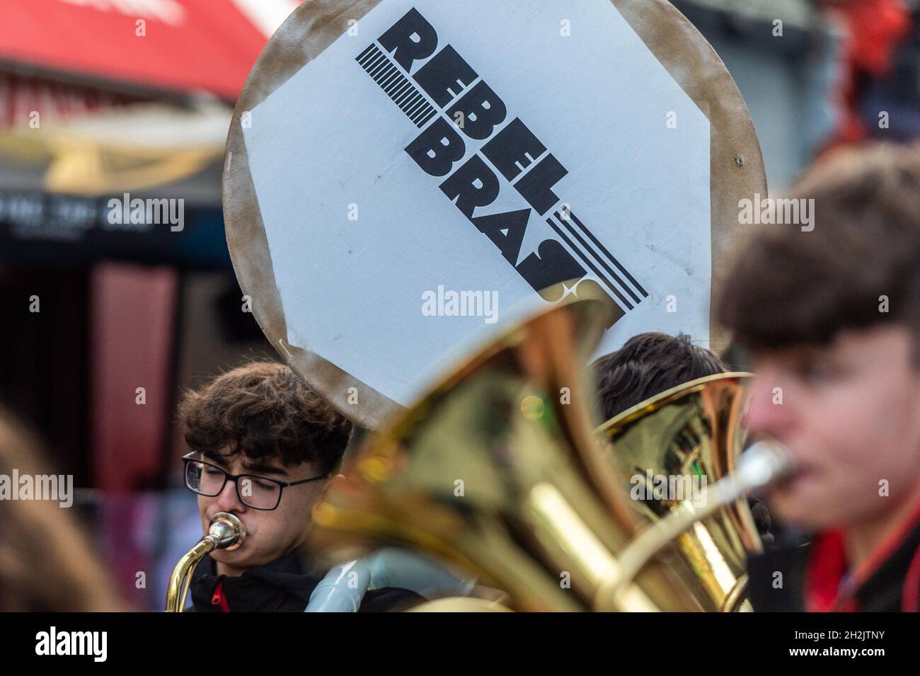 Cork, Ireland. 22nd Oct, 2021. The Cork Guinness Jazz Festival started today. The jazz festival takes place in and around Cork and runs until Monday 25th October. The 'Rebel Brass' band played on Oliver Plunkett Street. Credit: AG News/Alamy Live News Stock Photo