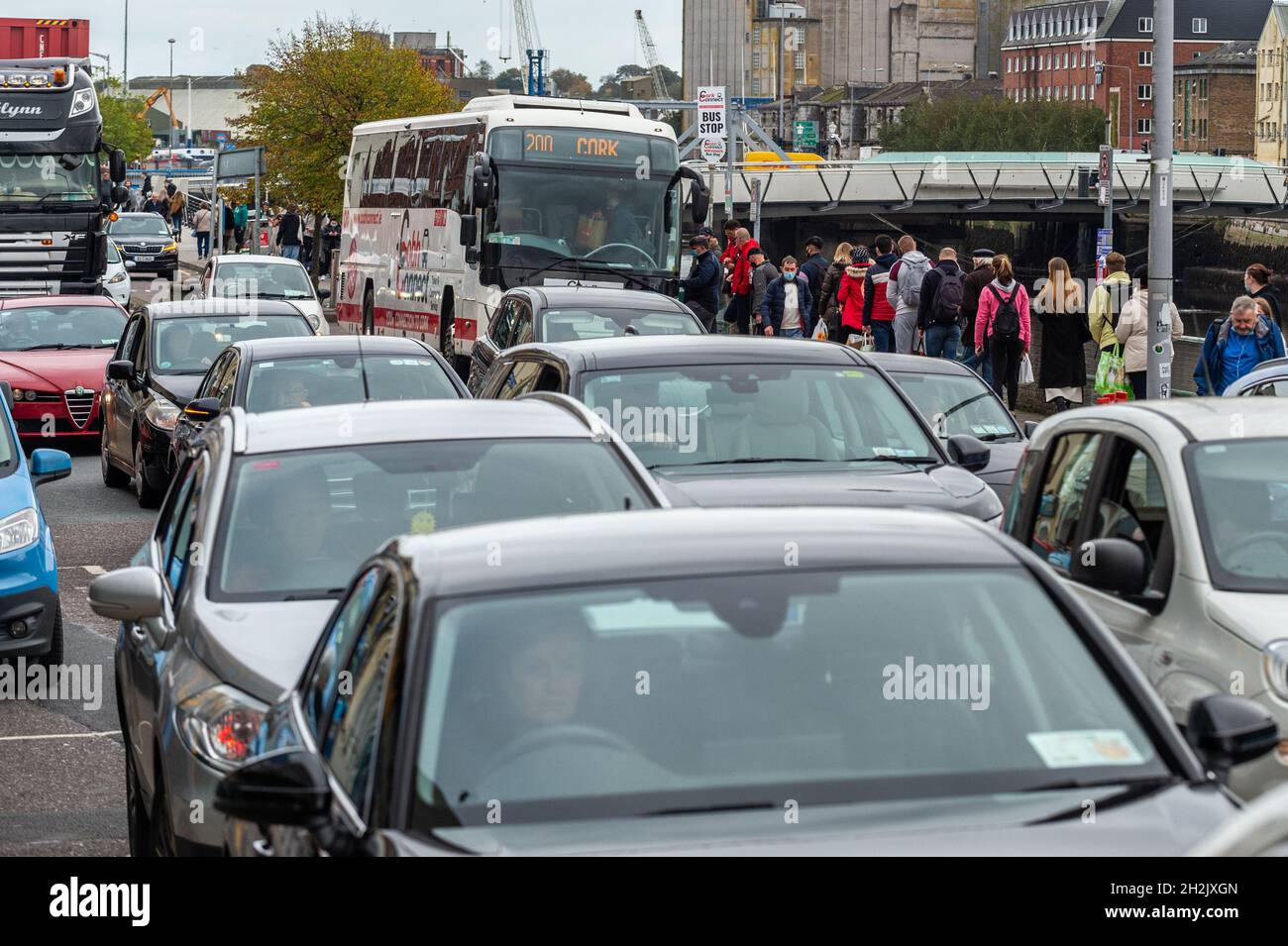 Cork, Ireland. 22nd Oct, 2021. Cork city centre was extremely busy this afternoon with many people leaving the city for the bank holiday weekend and also music fans descending on Cork for the Jazz Festival. Credit: AG News/Alamy Live News Stock Photo