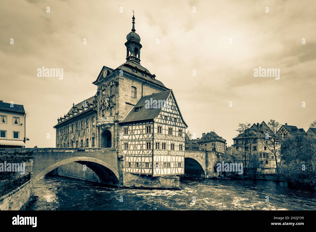 Old Town Hall in Bamberg, Germany. Black and white photography, sepia toned Stock Photo