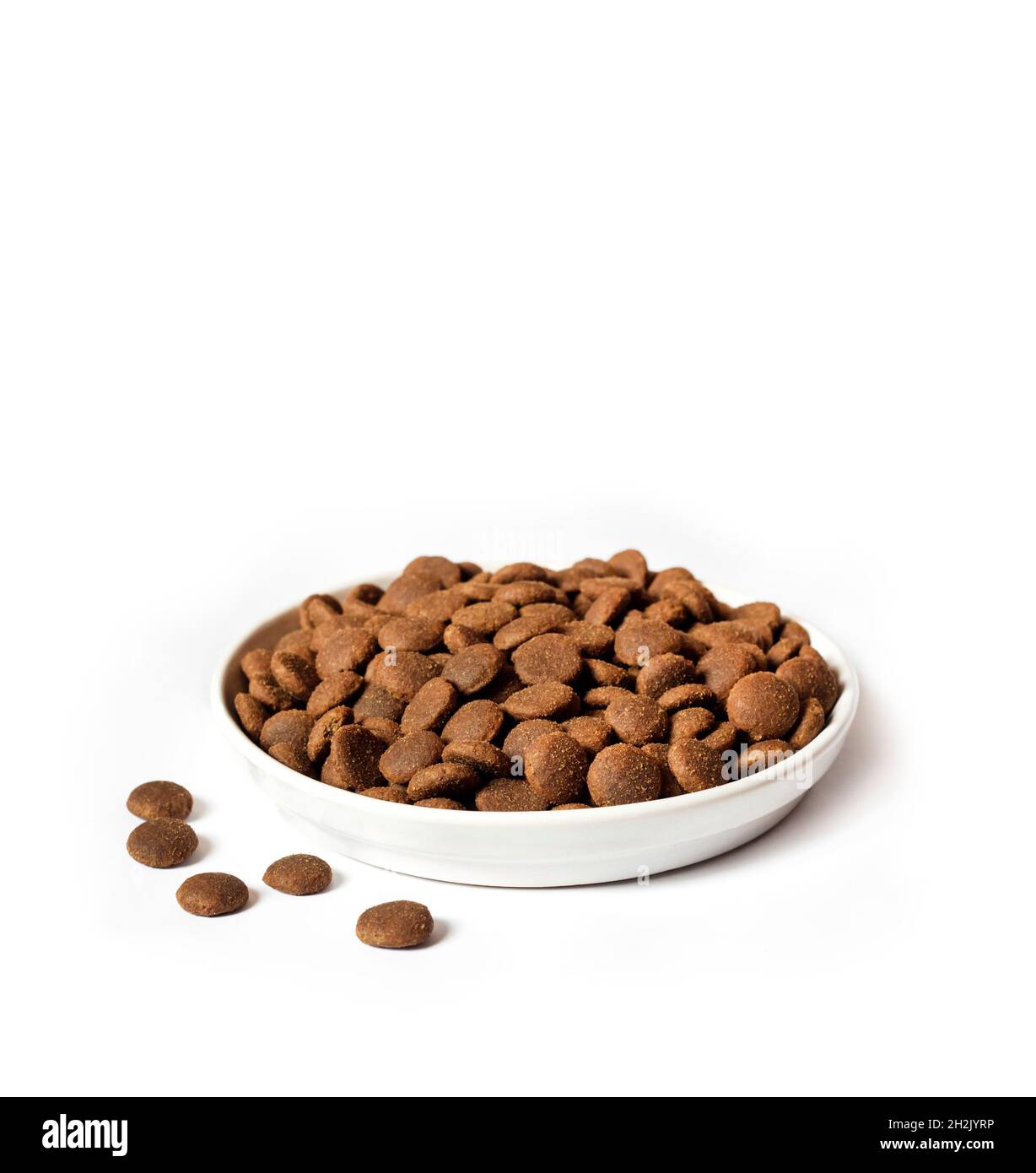 Dry pet food in a white ceramic bowl isolated on white background. Copy space Stock Photo