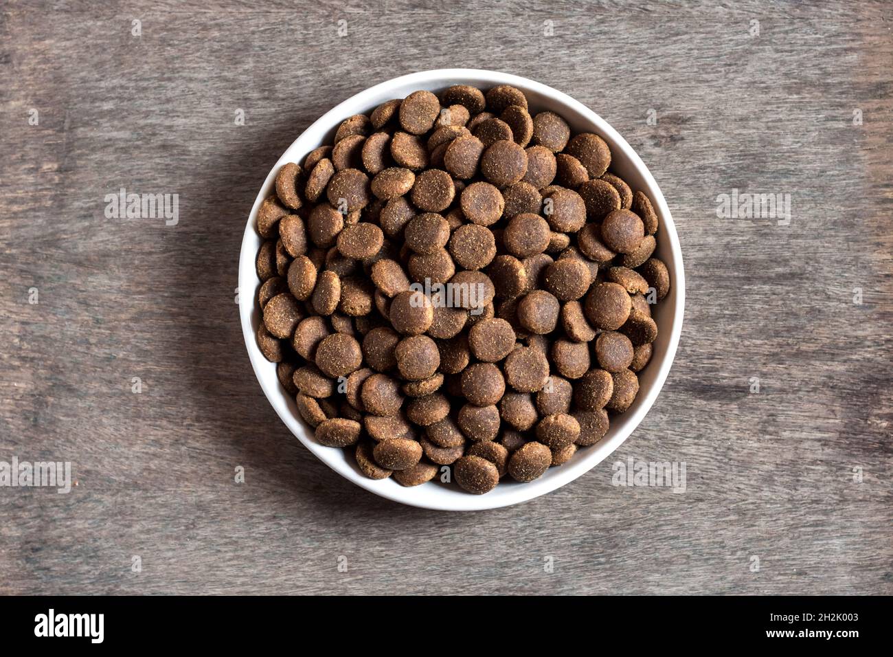 Dry pet food in a white ceramic bowl on wooden background. Flat lay, top view, copy space Stock Photo
