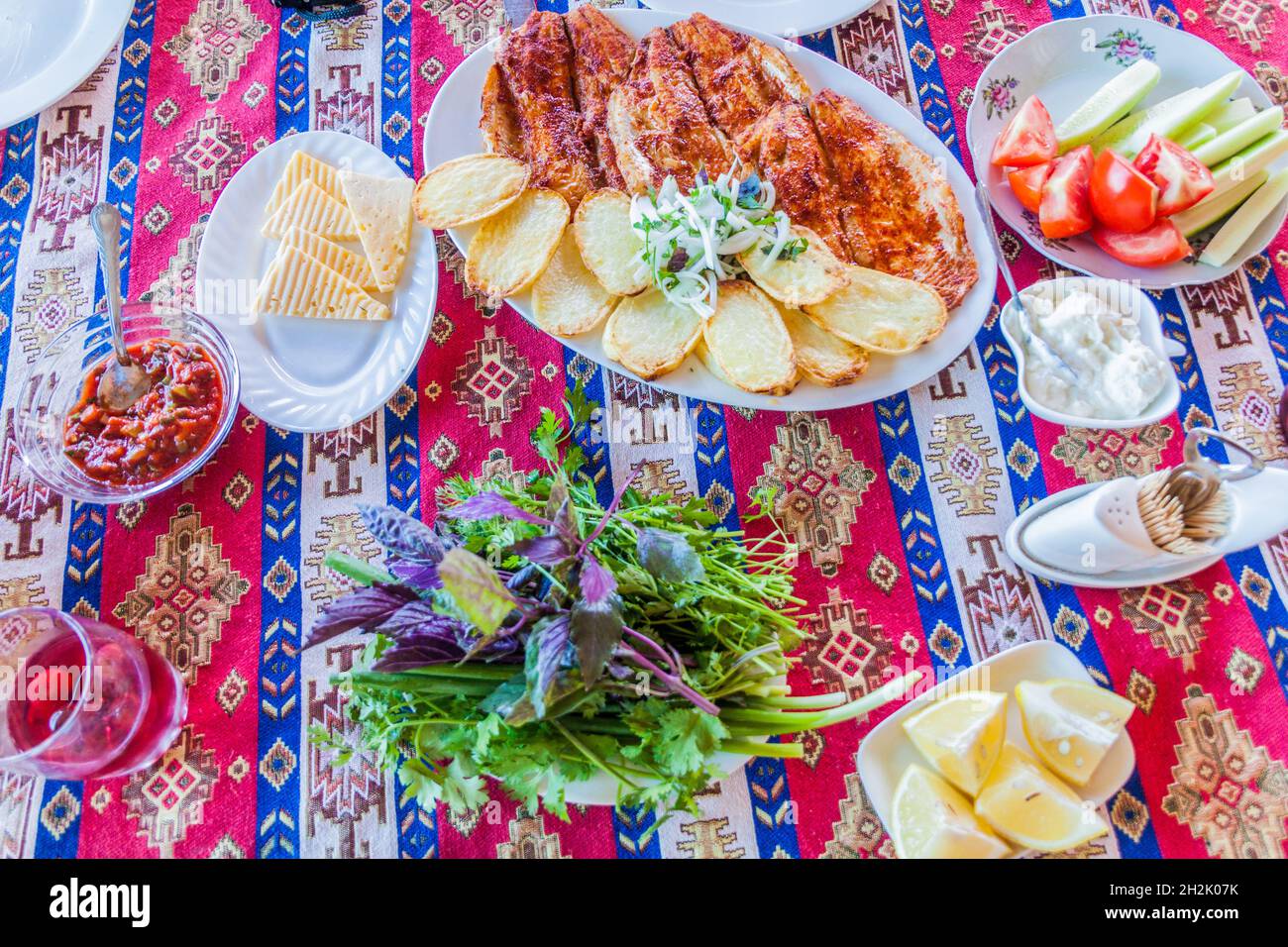 Food in local restaurant near Sevan lake, Armenia Stock Photo