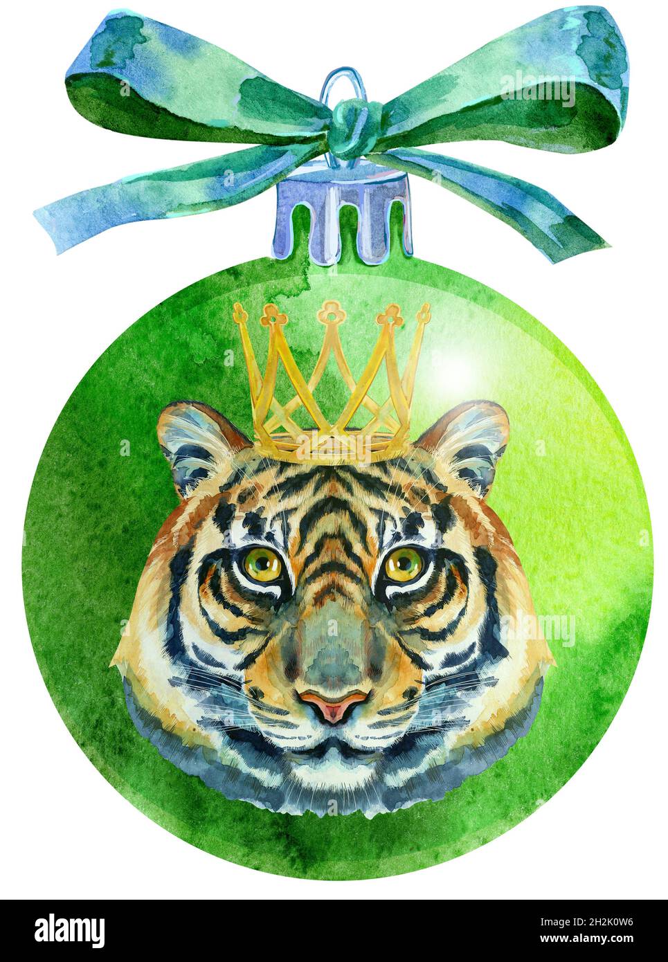Watercolor Christmas green ball with bow and tiger isolated on a white ...
