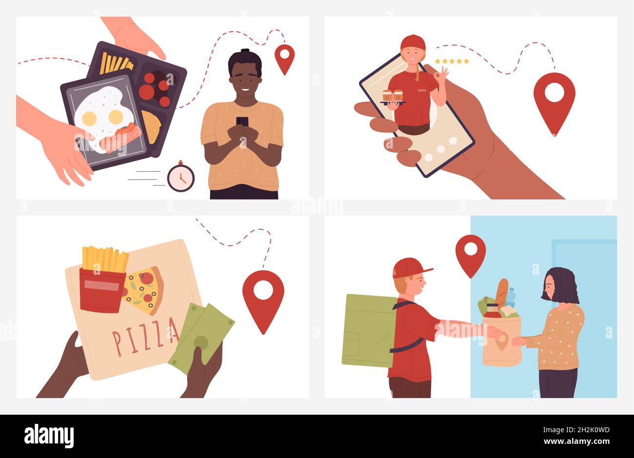 Fast food delivery service vector illustration set. Cartoon courier