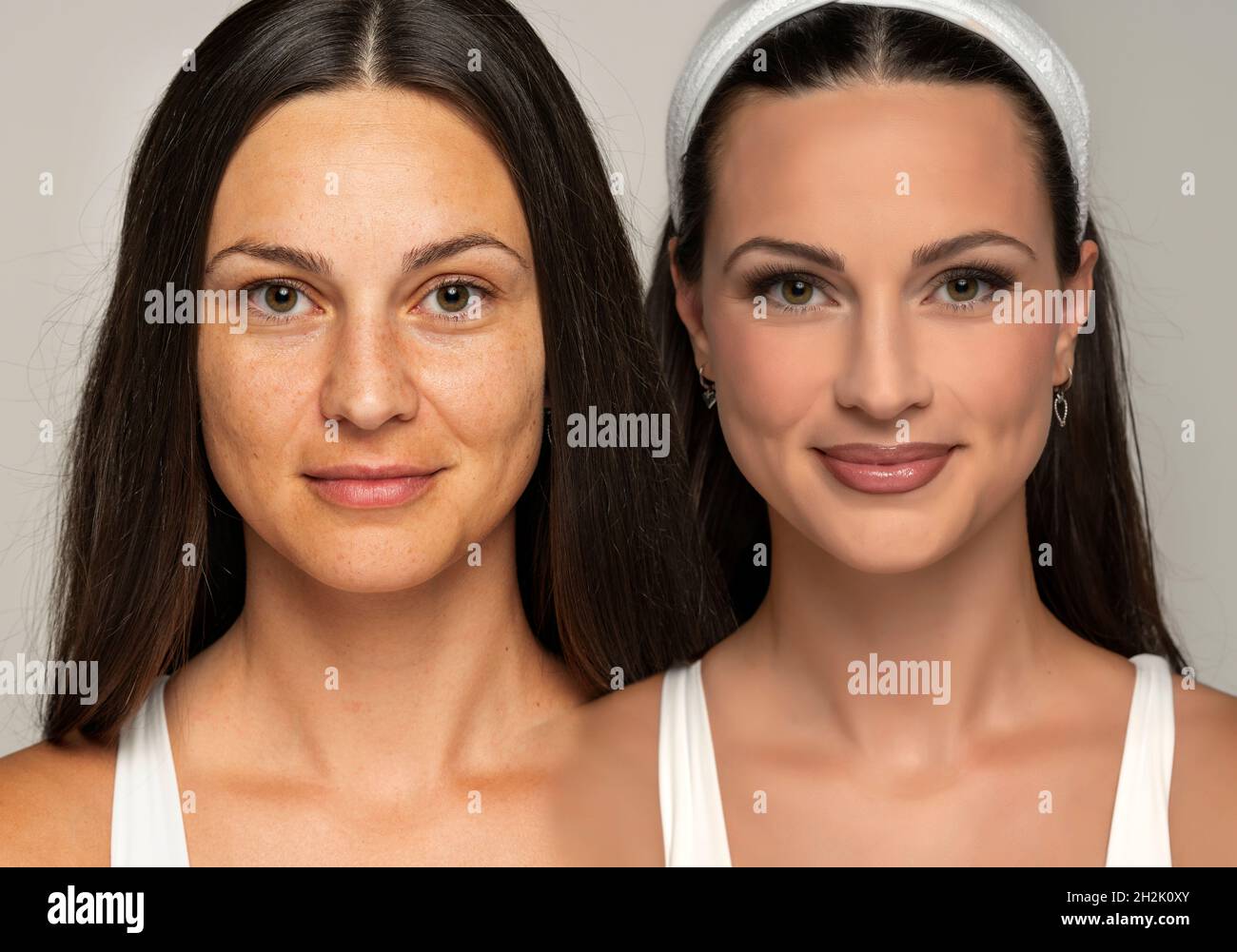 Comparison portrait of a woman without and with makeup on a gray background Stock Photo