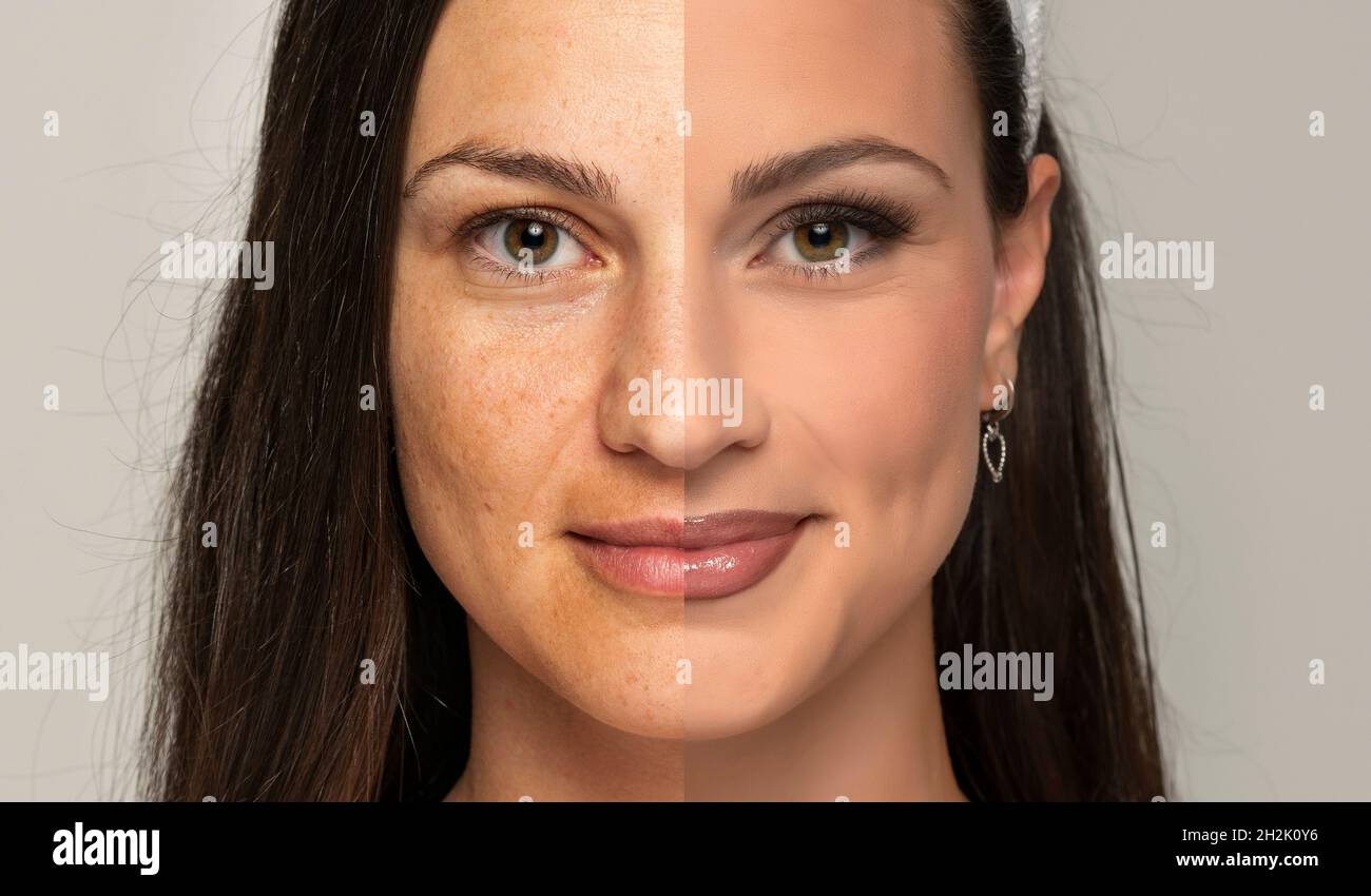 Comparison portrait of a woman without and with makeup on a gray background Stock Photo