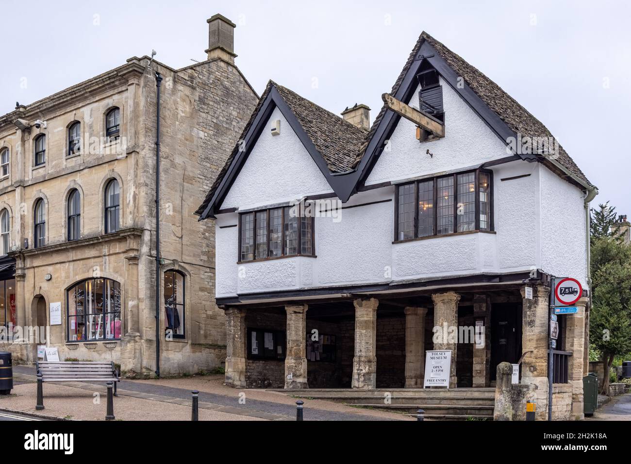 The black and white timber fronted Tolsey Museum on the high street at Burford, Oxfordshire, often referred to as the 'Gateway to the Cotswolds'. Stock Photo