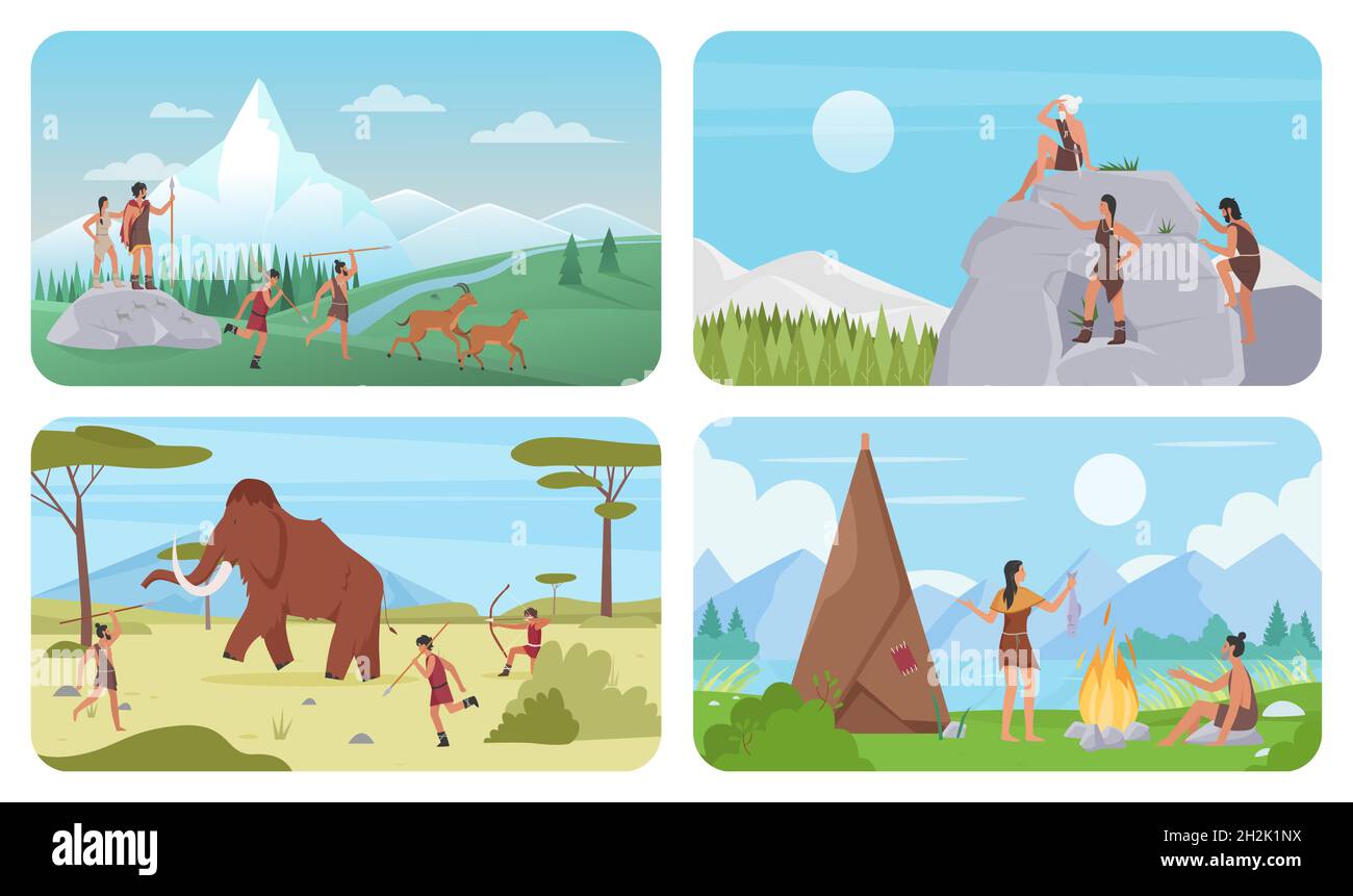 Wild survival scenes with primitive people of prehistory ages set vector illustration. Cartoon caveman family cook meat on fire, tribe characters hunting animals, paleolithic era education background Stock Vector