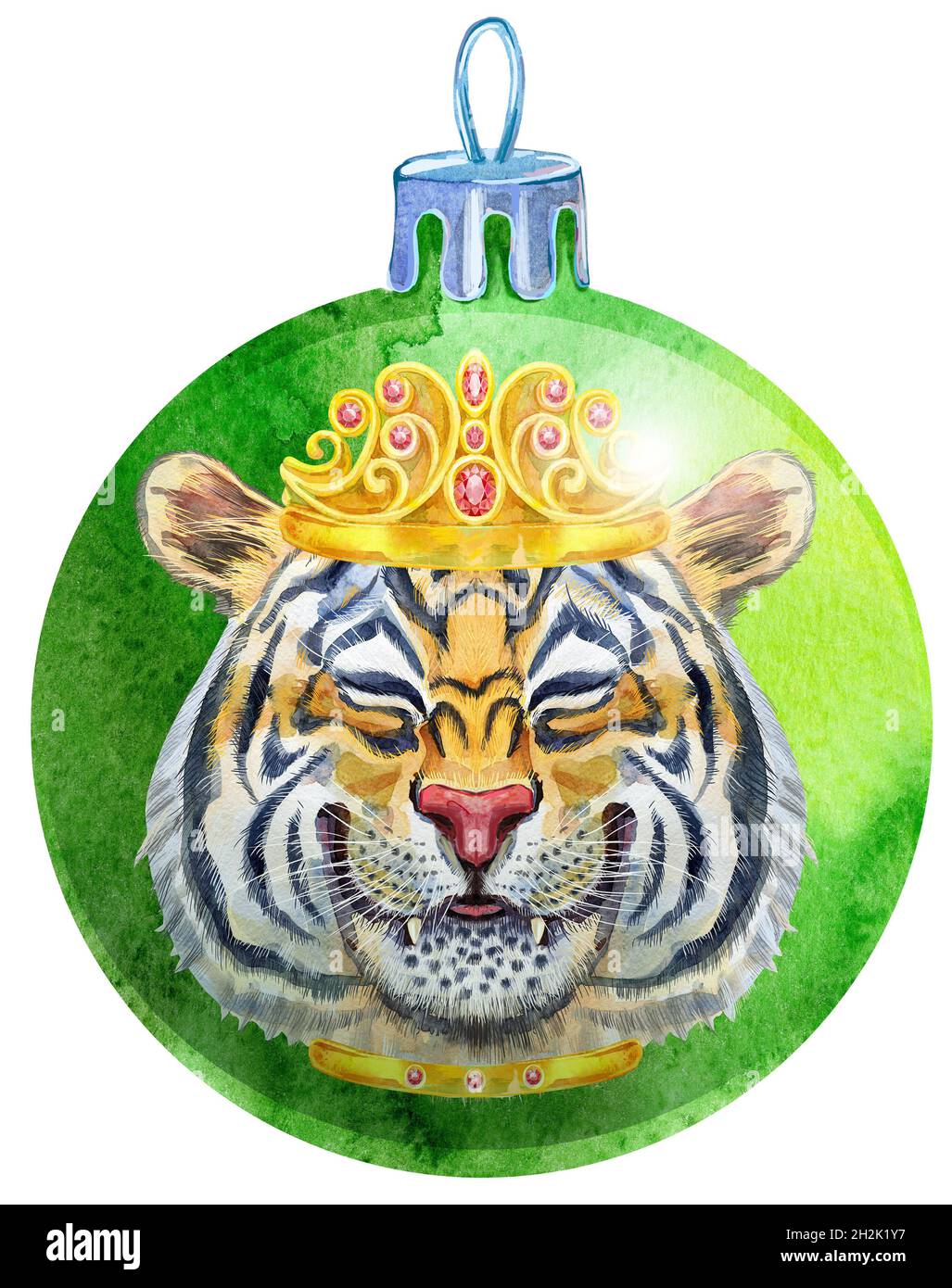 Watercolor Christmas green ball with tiger isolated on a white ...