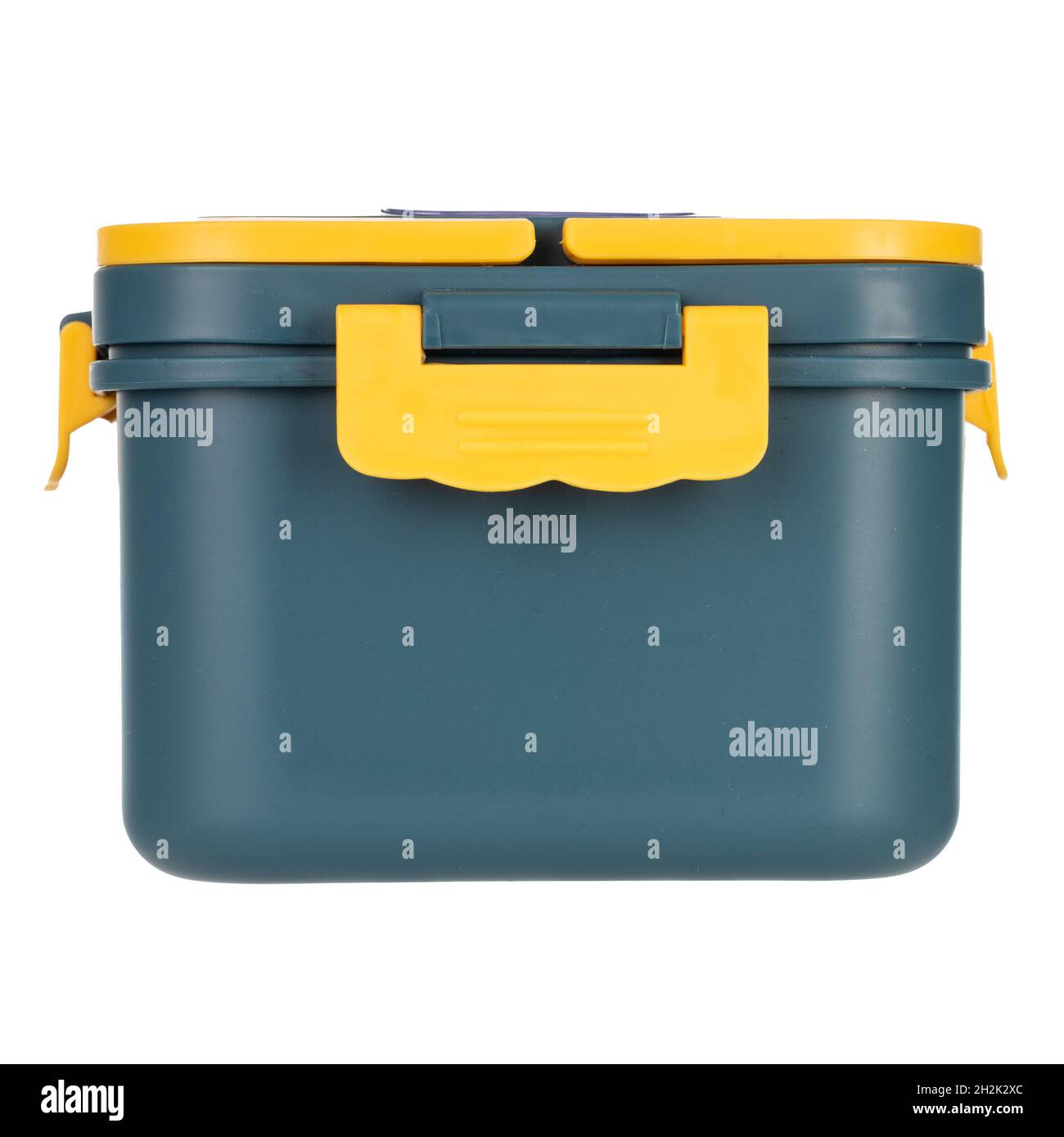 School lunch box on color background. Plastic food carrier Stock Photo