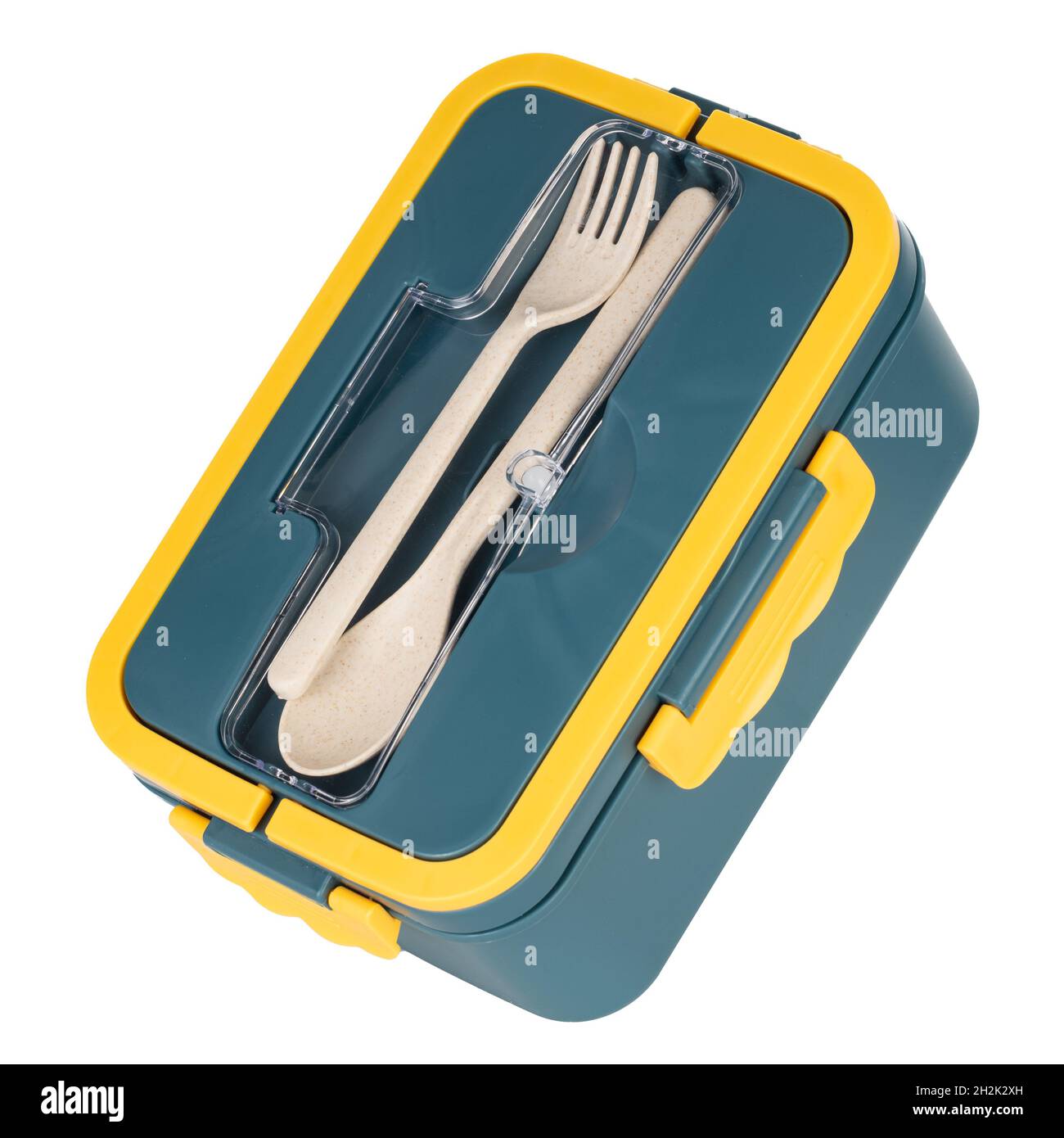 School lunch box on color background. Plastic food carrier Stock Photo