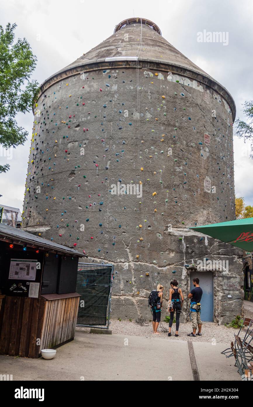 BERLIN, GERMANY SEPTEMBER 1, 2017 Climbing tower in RAW Gelande