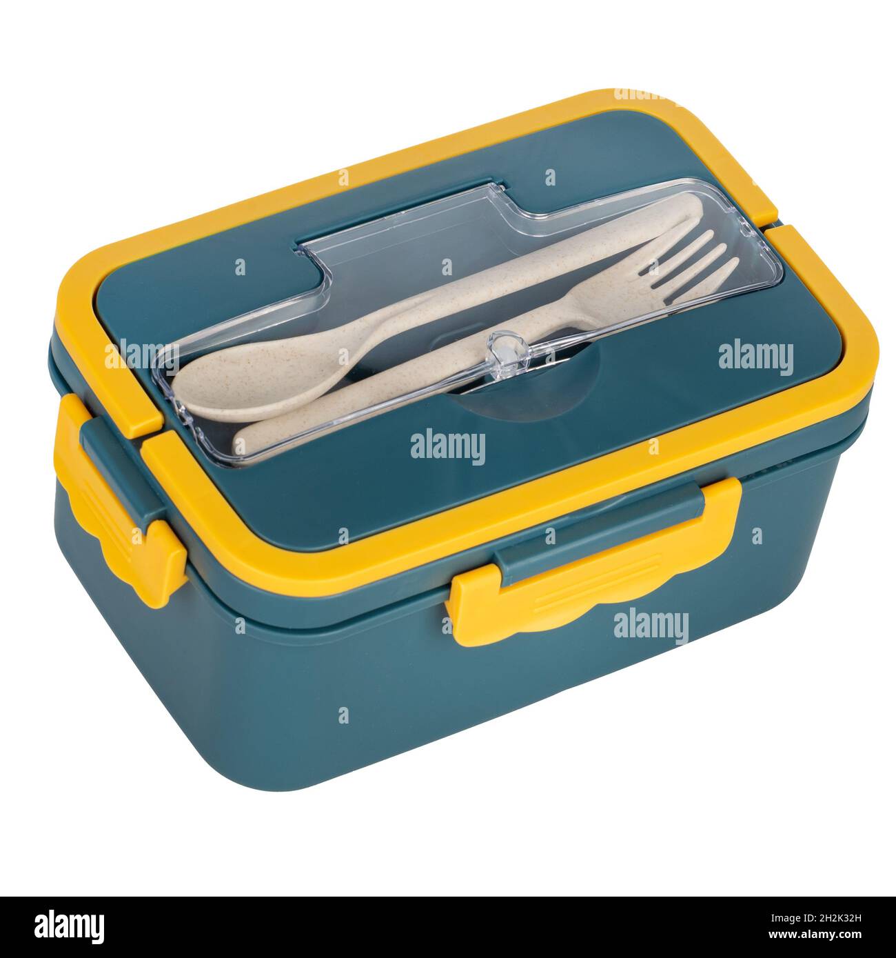 School lunch box on color background. Plastic food carrier Stock Photo