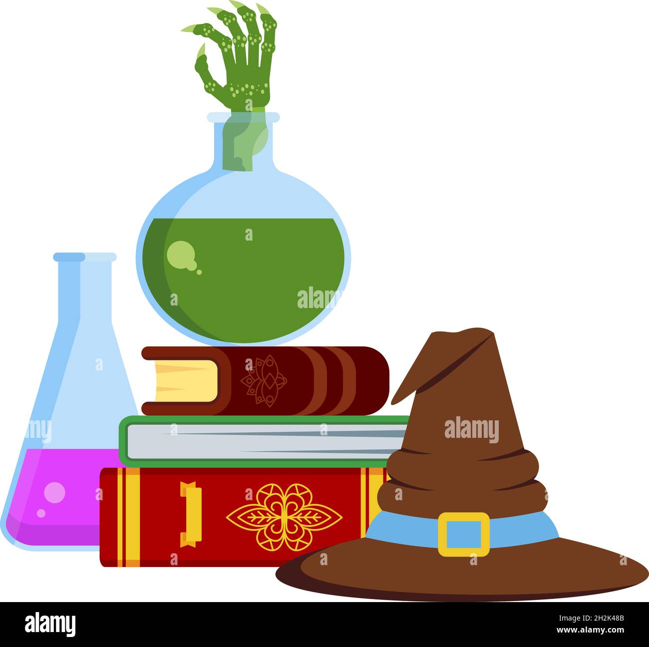 Magical books, poisonous potion and bewitched hat in house of witch. Stock Vector