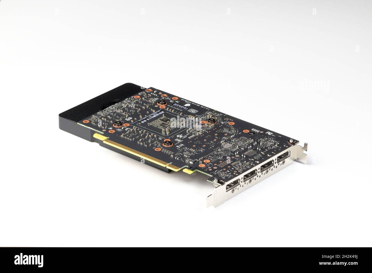 Professional video graphic card, High performance video graphic card for workstation computer show Display port and back side of card, isolated on whi Stock Photo
