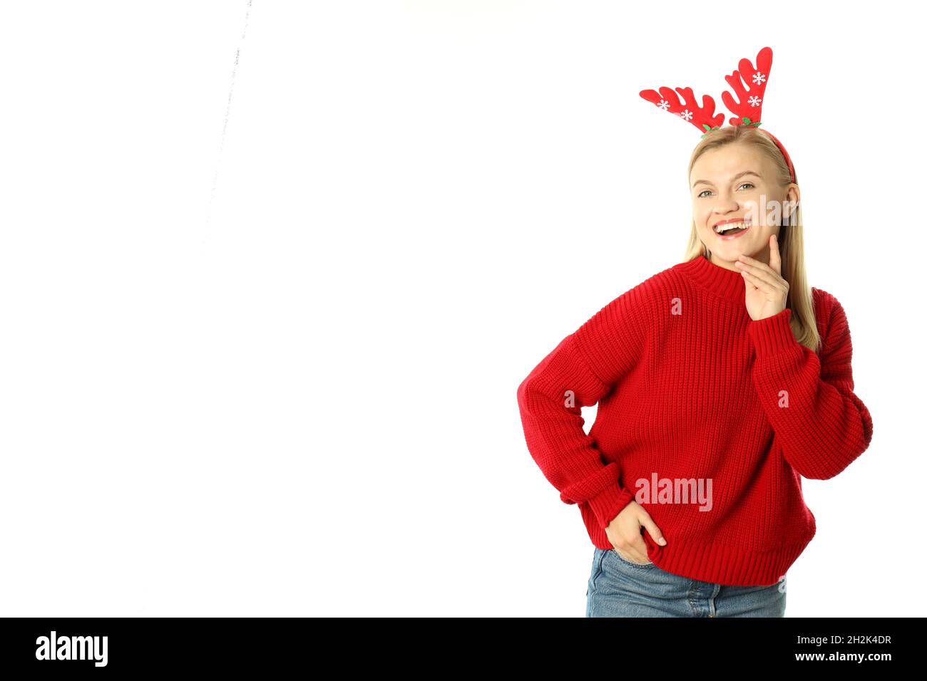 Attractive girl with antlers isolated on white background Stock Photo