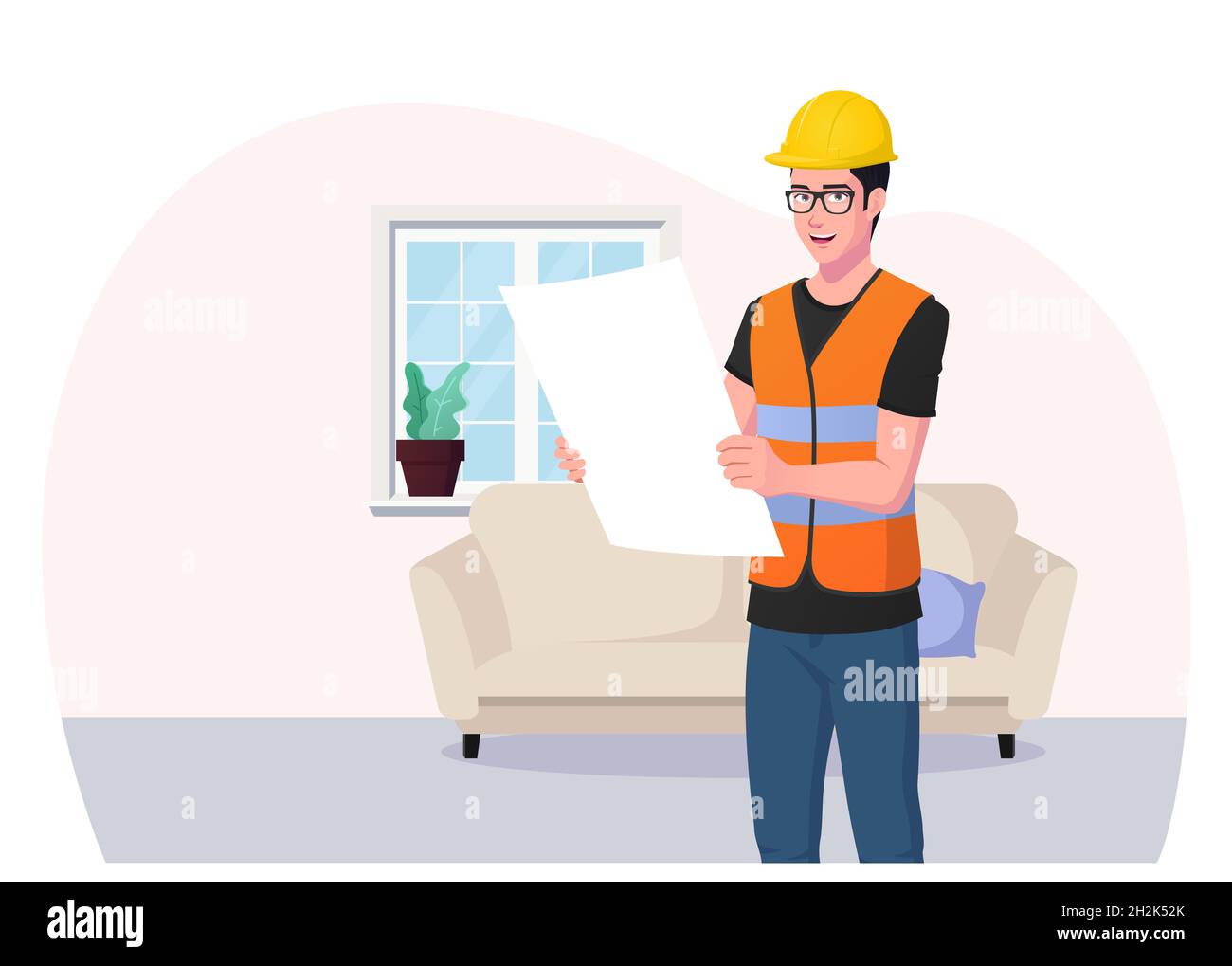 Cartoon Architect, Contractor Character Holding House Plan Concept premium Vector Stock Vector