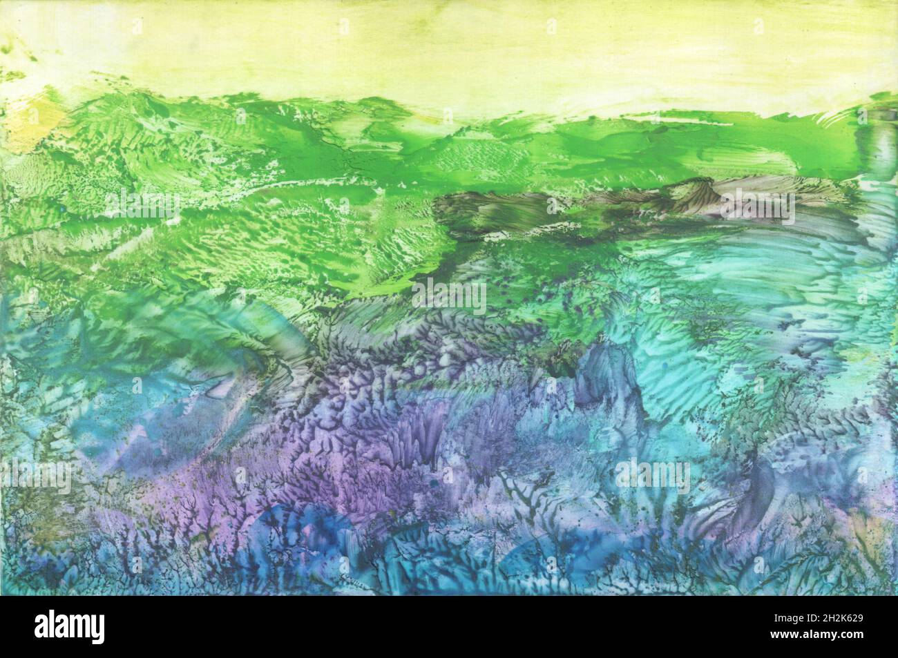 Fantastic landscape, green and purple grass. Encaustic wax art hand drawing. Beautiful illustration, waxy background Stock Photo