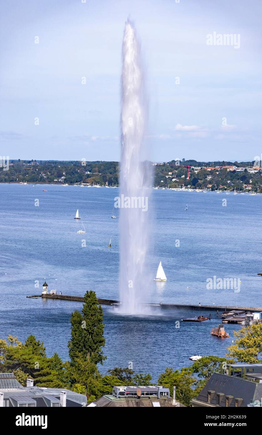 The Jet d'Eau (Water-Jet), a large fountain in Geneva, Switzerland, Stock Photo