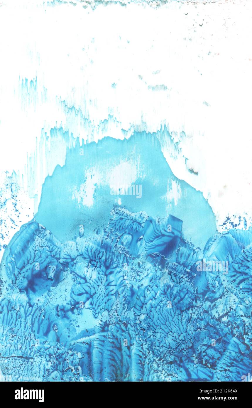 Fantastic blue landscape. Encaustic wax art hand drawing. Beautiful illustration, waxy background Stock Photo
