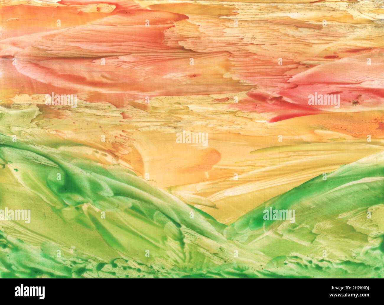 Fantastic landscape. Encaustic wax art hand drawing. Beautiful illustration, waxy background Stock Photo