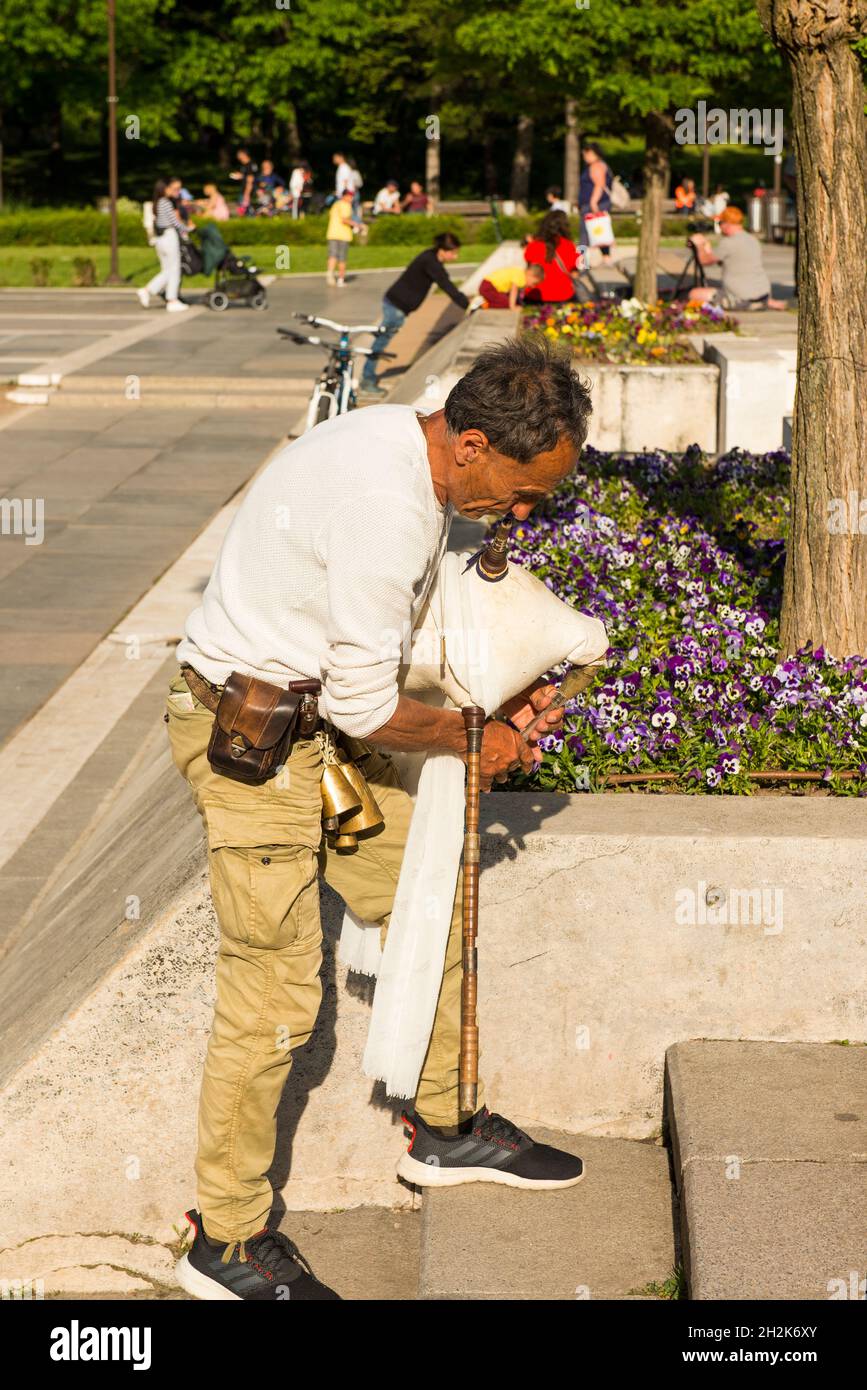 Bagpipe musician performing on the streets in Sofia Bulgaria Stock Photo