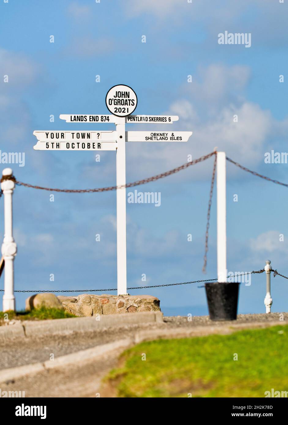 Photoshopped image of The signpost at John O' Groats showing what it would look like if had not been vandalised. Photoshop date of 5th Oct 2021 Stock Photo